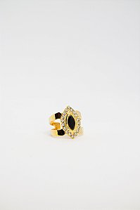 Anel Sofisticado Cristal Preto Central com Zircônias Cravejadas