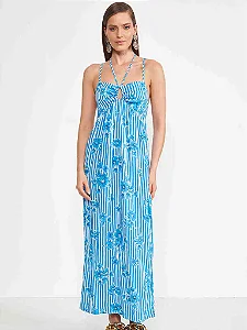 Vestido Colcci Longo Listrado Com Flores- Azul & Branco M - Izibida