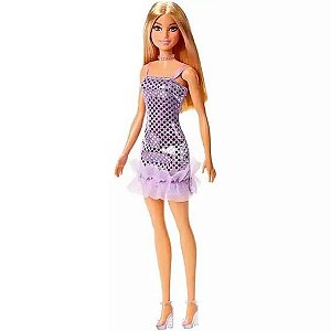 Boneca Barbie Fashion Loira Vestido Lilás com Bolinhas