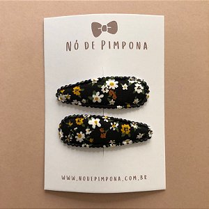 Conjunto de Presilha Tic Tac de Tecido - Preto Floral