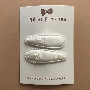 Conjunto de Presilha Tic Tac de Tecido - Branco Bordado