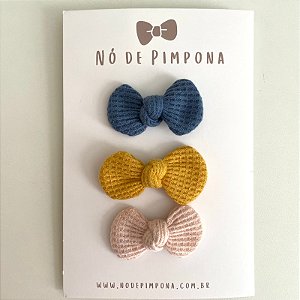 Kit Laço de Tecido Algodão-  Azul, Mostarda e Rosa Bebê