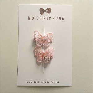 Dupla de Clipes Borboleta Bordada em Organza - Rosa