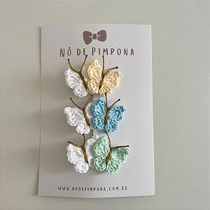 Kit Clips de Borboleta de Crochê - Azul, Amarelo e Verde Bebê
