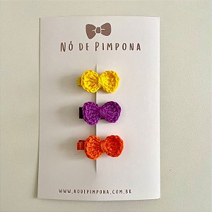 Kit Clips de Laço de Crochê - Amarelo, Roxo e Laranja