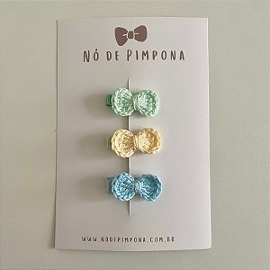 Kit Clips de Laço de Crochê - Verde, Amarelo e Azul