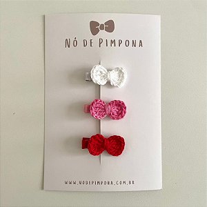 Kit Clips de Laço de Crochê - Branco, Pink e Vermelho
