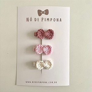 Kit Clips de Laço de Crochê - Rose, Rosa Bebê e Branco