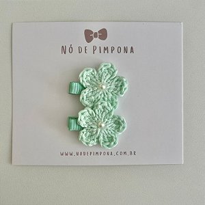 Dupla Clips de Flor de Crochê - Verde Bebê