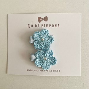 Dupla Clips de Flor de Crochê - Azul  Bebê