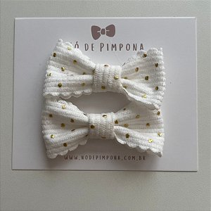 Dupla de Laços de Tecido Algodão- Branco e Dourado