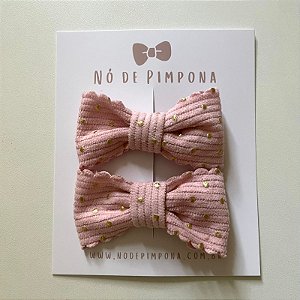 Dupla de Laços de Tecido Algodão- Rosa e Dourado