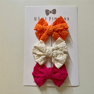 Kit Laço de Tecido Trabalhado - Laranja, Pink e Bege.