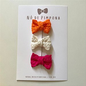 Kit Laço de Tecido Trabalhado Mini- Laranja, Pink e Bege.