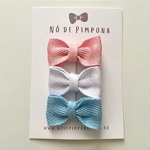 Kit de Laços Mini Liso Jeans - Azul, Rosa e Branco