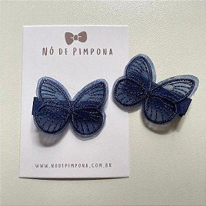 Dupla de Clipes Borboleta Bordada em Organza - AZUL