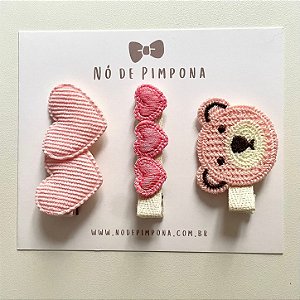 Kit de Presilhas Fofo - Corações e Urso