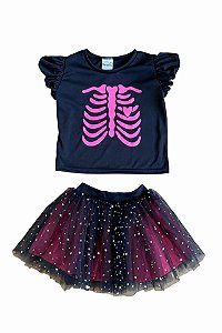 FANTASIA HALLOWEEN CONJUNTO CAVEIRINHA ROSA