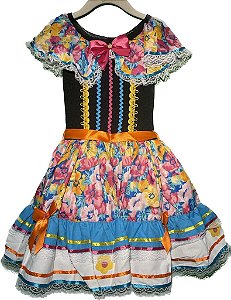 VESTIDO JUNINO FLORAL TURQUESA A23 TAM P