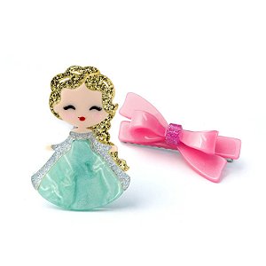 PRESILHA BICO DE PATO PRINCESA GELO COM LACO ROSA