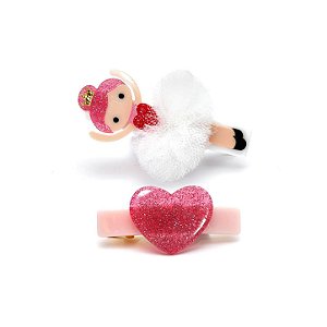 PRESILHA BICO DE PATO BAILARINA BRANCO COM CORACAO ROSA