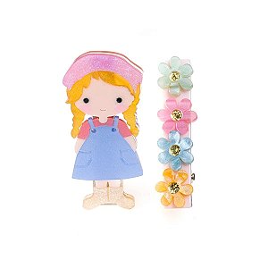 PRESILHA BICO DE PATO MENINA E FLOR TEXTURIZADO