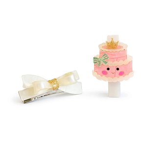 PRESILHA BICO DE PATO BOLO DE ANIVERSARIO ROSA E LACO