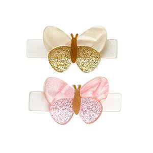 PRESILHA BICO DE PATO BORBOLETA ROSA E DOURADA
