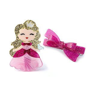 PRESILHA BICO DE PATO PRINCESA ADORMECIDA COM LACO ROSA