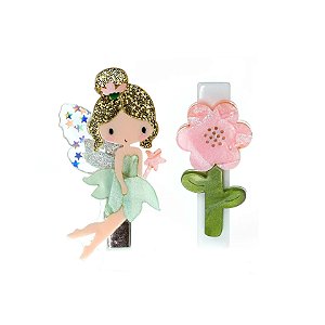 PRESILHA BICO DE PATO FADA VERDE TEXTURIZADO E FLOR
