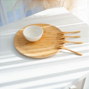 Conjunto Petisqueira Redonda com Garfinhos em Bambu