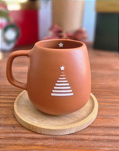 Caneca Árvore de Natal com Pires em Bambu 150ml Cor Cerâmica