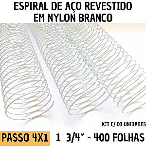 KIT C/03 - Espiral de Aço p/ Encadernação Revestido em Nylon 1 3/4'' (350 fls) Passo 4X1 - BRANCO