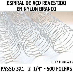 KIT C/03 - Espiral p/ Encadernação Aço Revestido em Nylon 2  1/4'' (500 folhas) Passo 3X1 - BRANCO