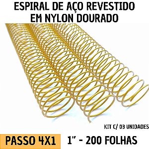 KIT C/03 - Espiral de Aço p/ Encadernação Revestido em Nylon 1/1'' (200 fls) Passo 4X1 - DOURADO