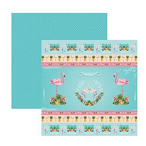 Papel Scrapbook Flamingos Fitas e Rótulos 30,5x30,5cm - 180g/m2