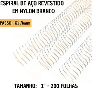KIT C/03 - Espiral de Aço p/ Encadernação Revestido em Nylon 1'' (200 fls) Passo 4X1 - BRANCO