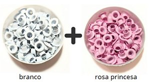 Kit Ilhós Nº54 em Alumínio 200 Unidades Para Customização Papel e Costura Criativa Rosa princesa + Branco