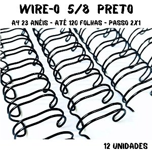 Wire-o para Encadernação A4 PRETO 5/8 - 120 folhas (passo 2x1) 12 unidades