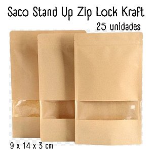 Saco Stand Up Zip Lock Kraft - Saco Kraft c/ Fecho e Visor Plástico Transparente 14x9cm - 25 unidades