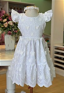 Vestido Branco no algodão com borboletas, flores e acabamento em Laise