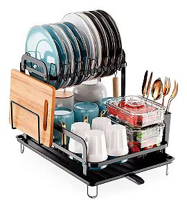Escorredor Louça Grande Duplo Metal Preto Bandeja Tira Agua