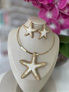 Conjunto Colar Aro Estilo Praiano Estrela Bijuteria Dourado