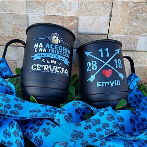 Na alegria e na tristeza na cachaça e na cerveja -  Caneca alumínio personalizada com tirante