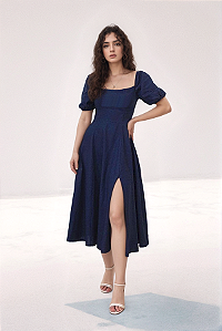 Vestido Midi  Fenda Azul Marinho