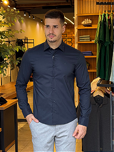 Camisa Calvin Klein ML Slim Cannes Básica Essential Marinho