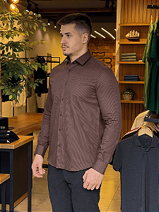 Camisa Aramis ML Algodão Micro Xadrez Marrom C/Preto