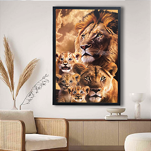 Quadro Decorativo 60x90cm Família Leão Leoa e 3 Filhotes