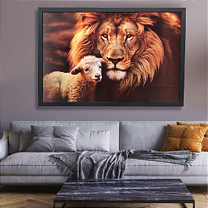 Quadro Decorativo 60x90cm Leão de Judá e Cordeiro Para Sala