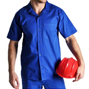 Camisa de brim Uniforme 100% algodão Manga Curta - AZUL